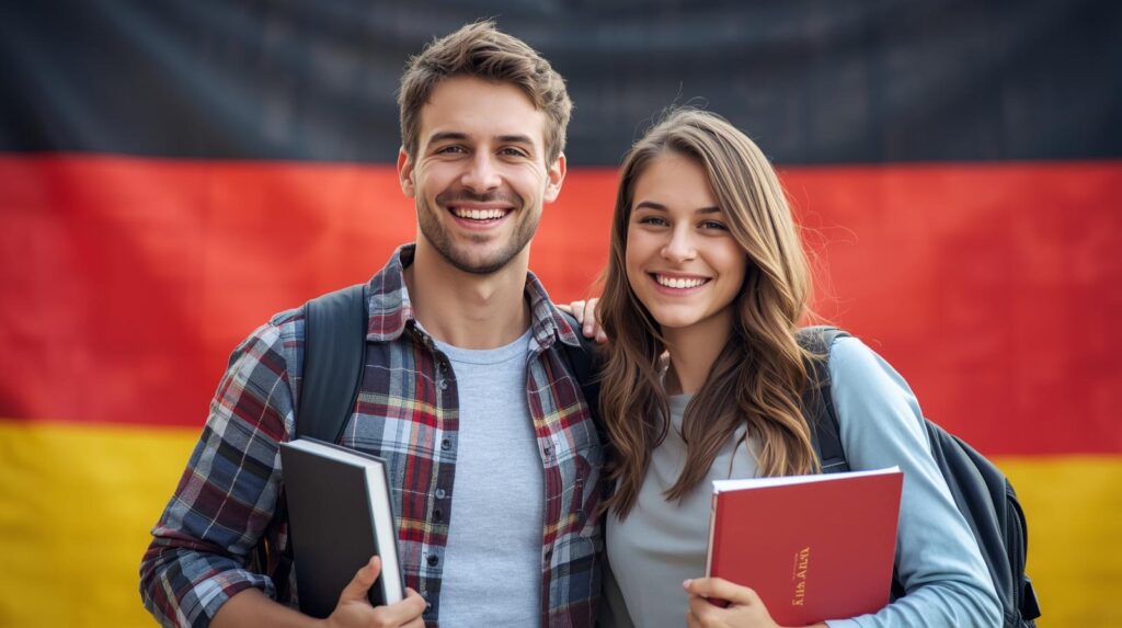 smiling student male and female going in germany and keeping book backgroud germany flag
